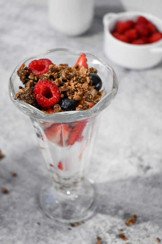 Banana Date Swirls with Almond Milk and Fresh Berries